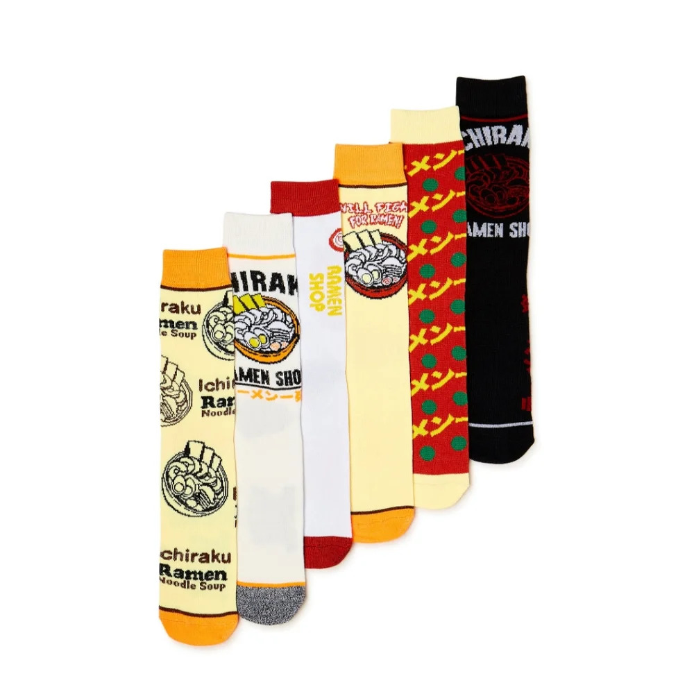 Naruto Noodle Casual Crew 6 Pairs Socks Fits Shoe Size 8-12 Men's Socks NWT